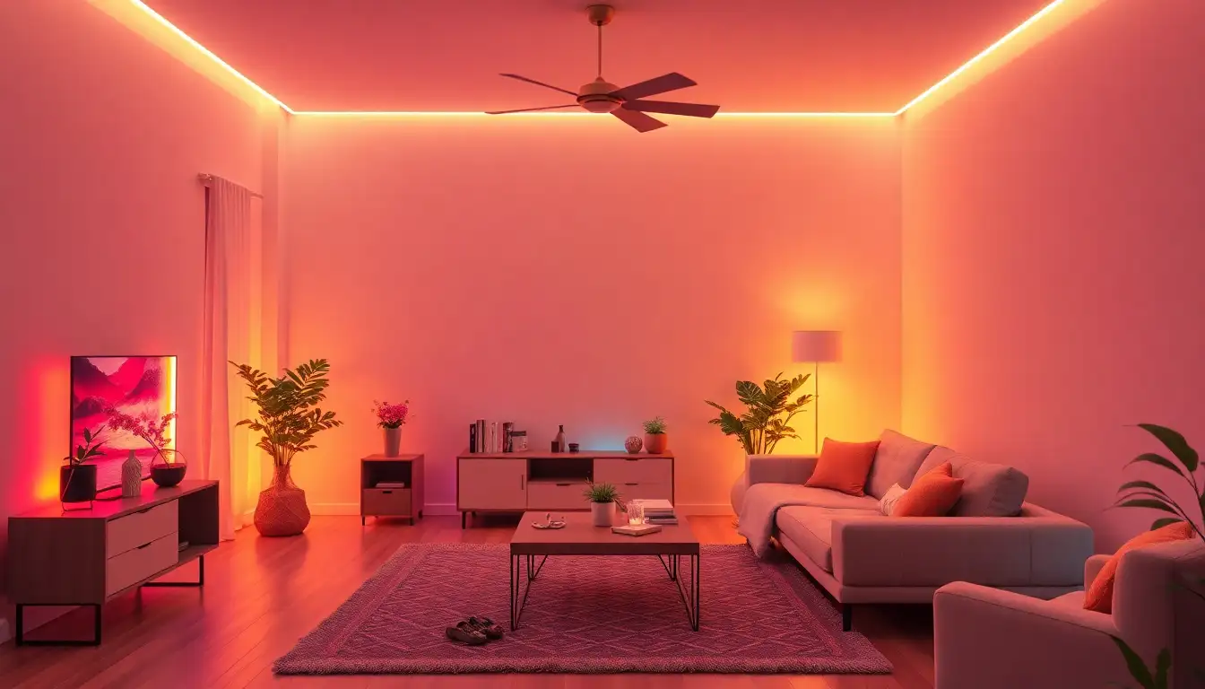 Room with colorful LED light strips adding vibrant effects.