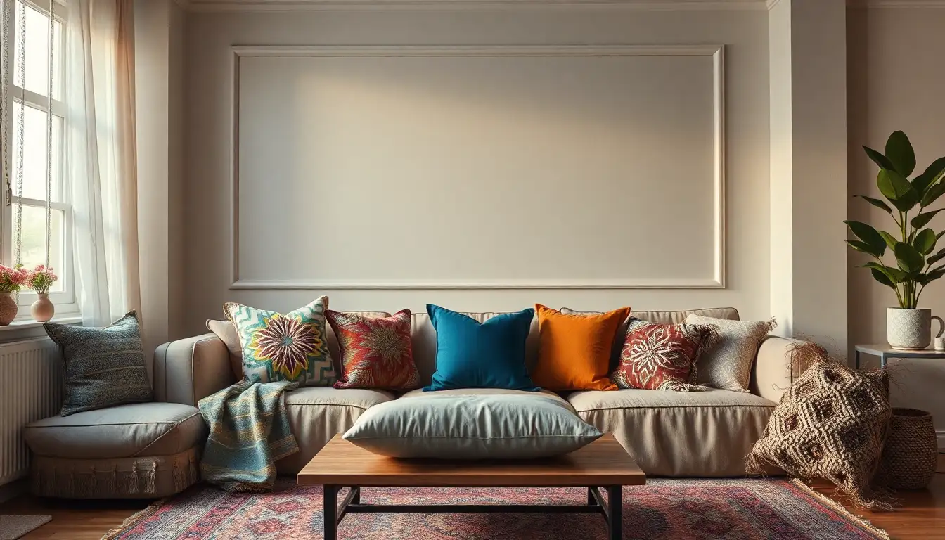 Room with DIY decorative pillows in various textures and colors.