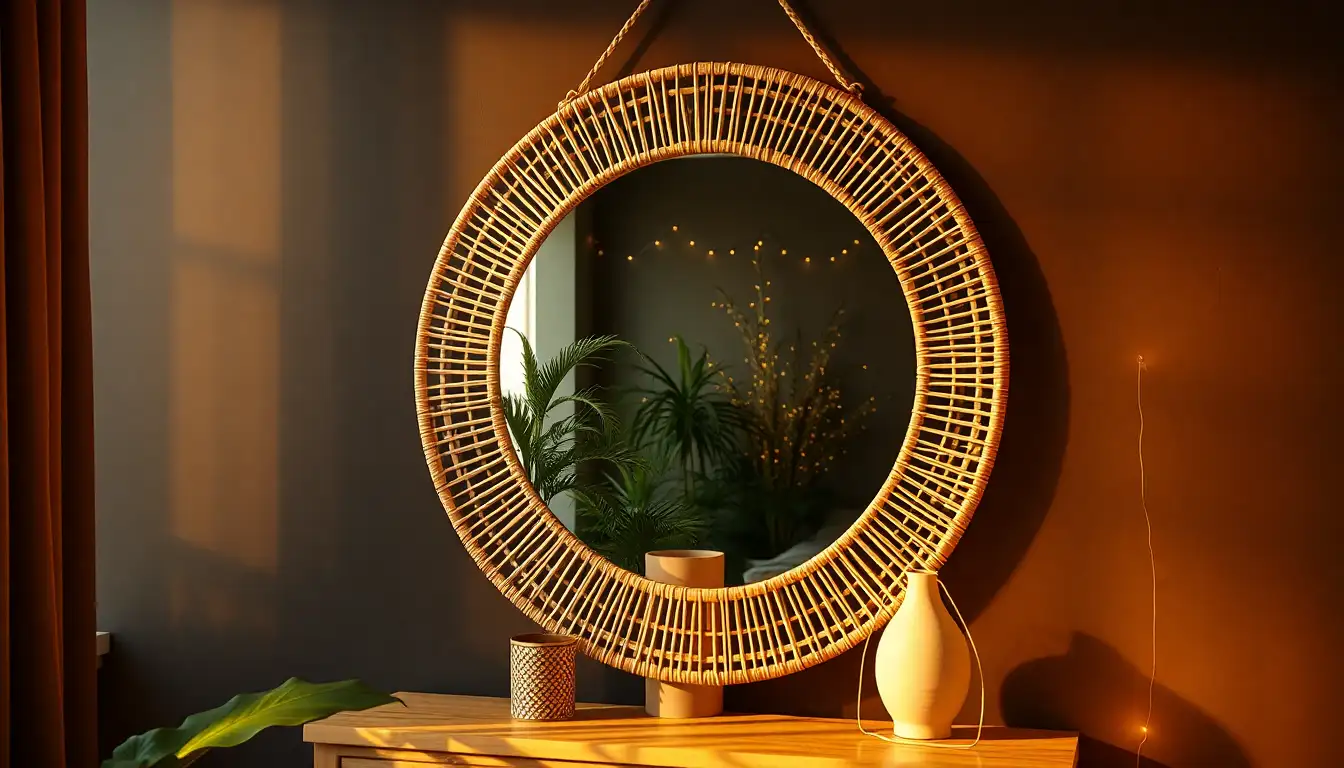 Round rattan mirror reflecting a plant filled room