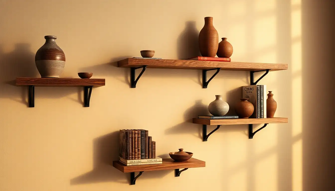 Rustic floating shelves with indie decor and ceramic vases
