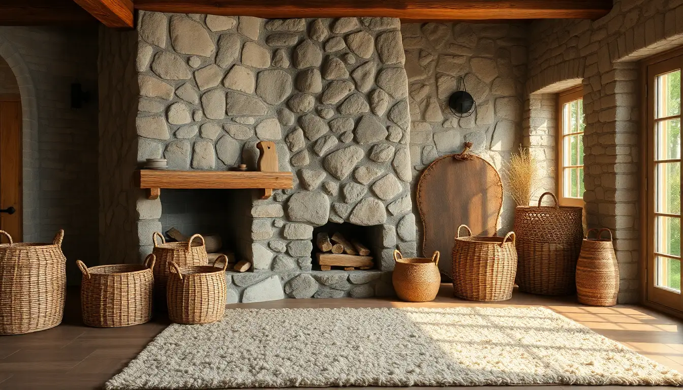 Rustic Brown Elements Rustic living room with stone features and large woven storage baskets