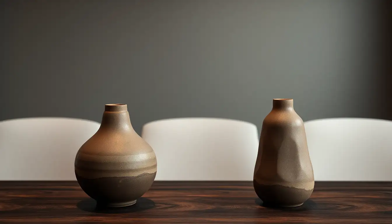 Rustic vases on a dark table.
