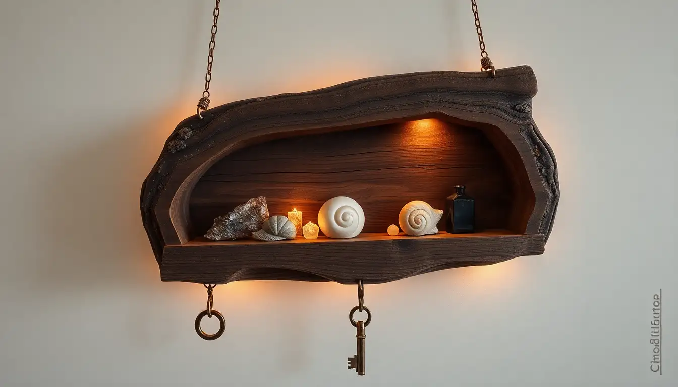 Rustic wood shelves holding a collection of shells, rocks, and vintage keys.