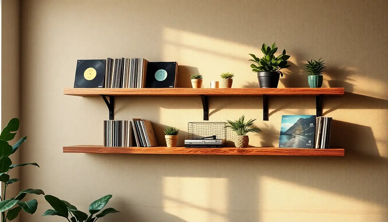 Rustic wooden shelves with vinyl records and a small plant