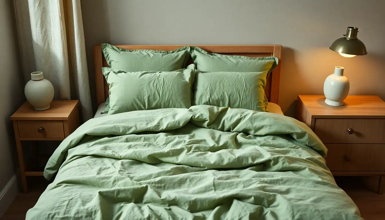 Sage green linen bedding on a light wood bed frame with a warm lamp