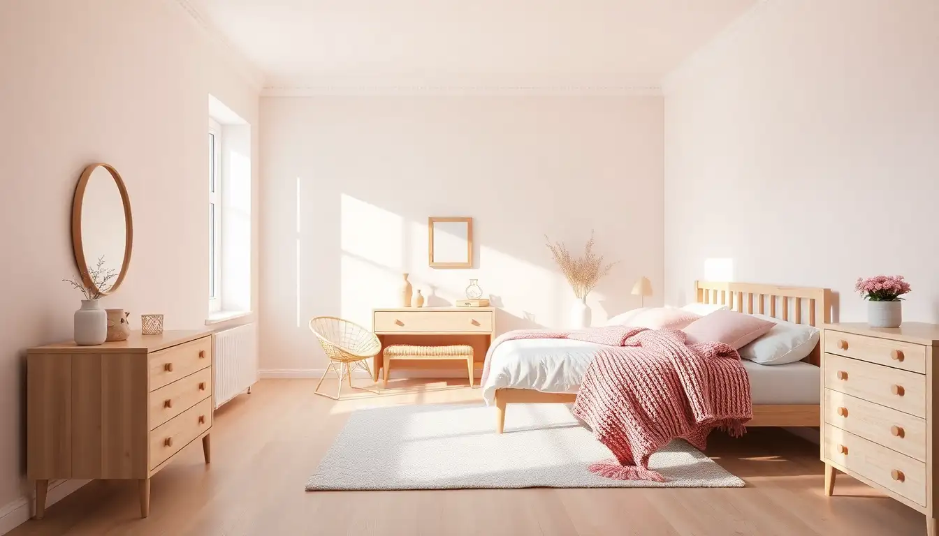 Scandinavian bedroom with light wood furniture and a pale pink blanket