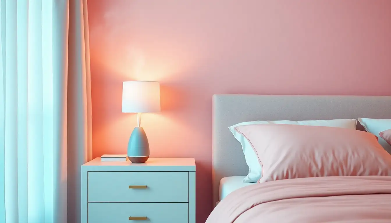 Scent diffuser on a bedside table in a pink bedroom.