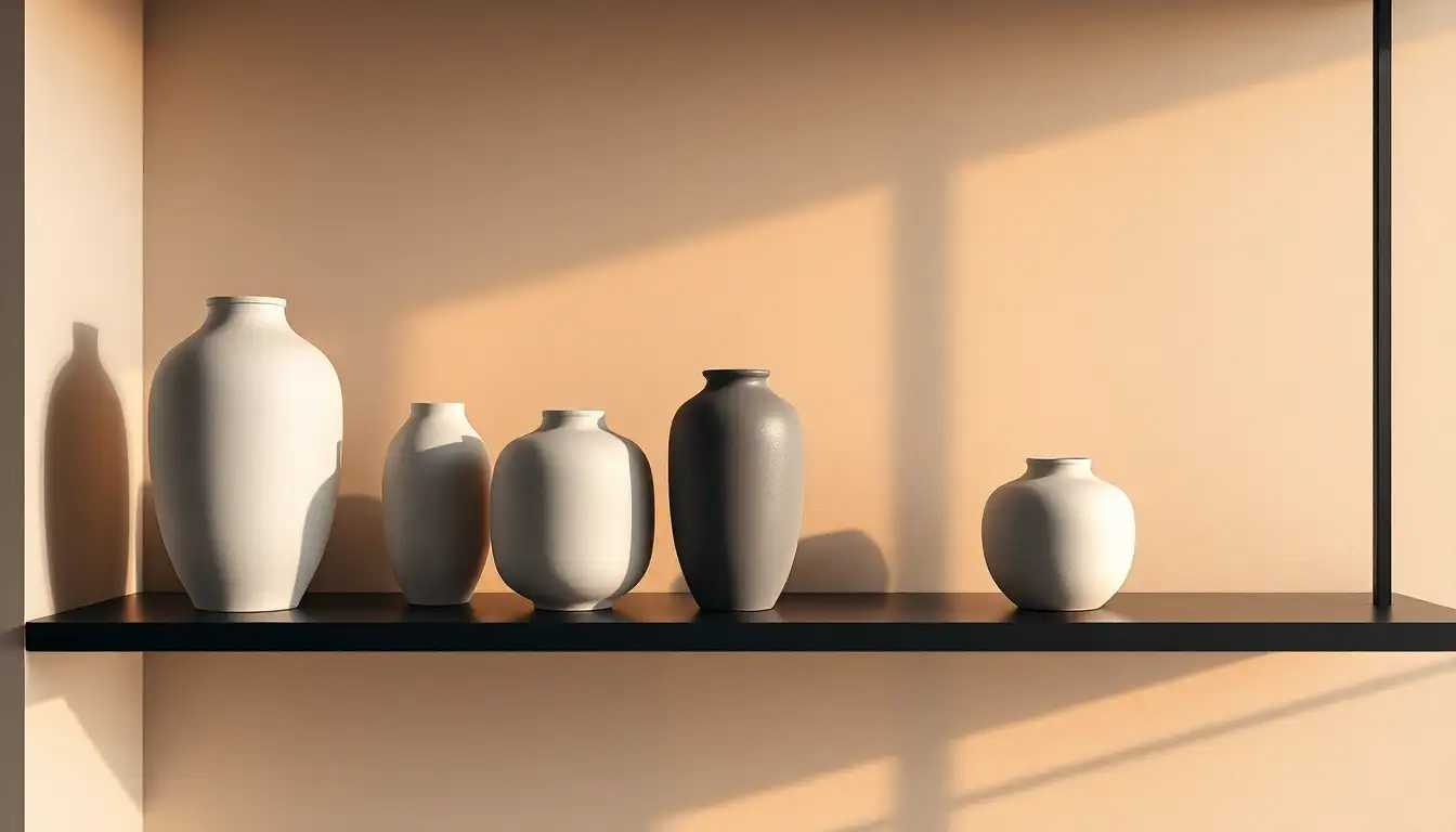 Ceramic Vase Styling Set of matte ceramic vases on a black shelf for decor