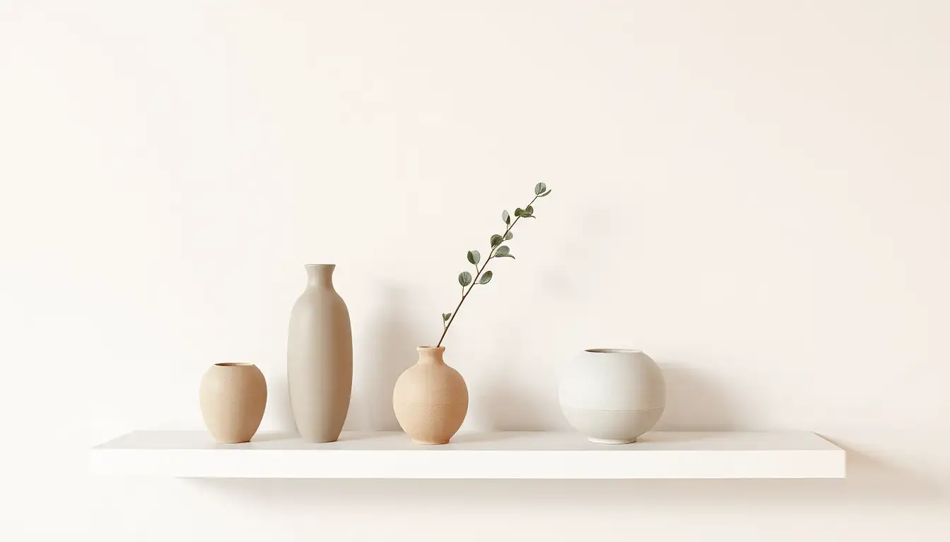 Small ceramic vases styled on a white shelf.