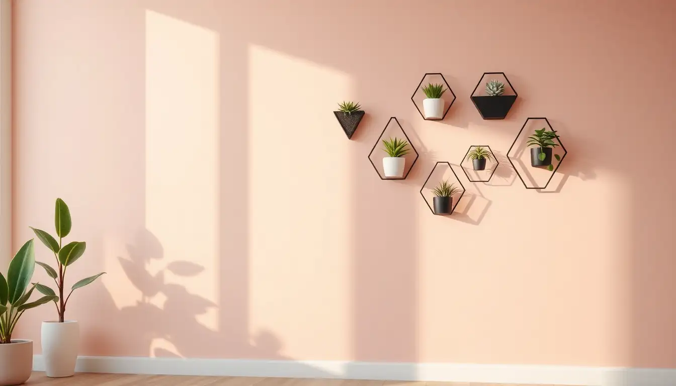 Geometric Wall Planters Small gold geometric planters hanging on a soft pink wall