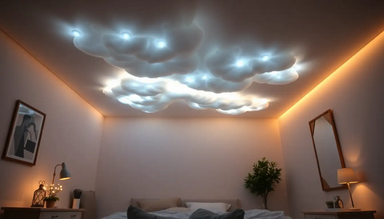Soft cloud-like lights glowing on a ceiling with blue LED colors.