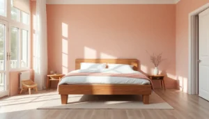 Soft rose minimalist bedroom with pink walls and white bedding in natural light