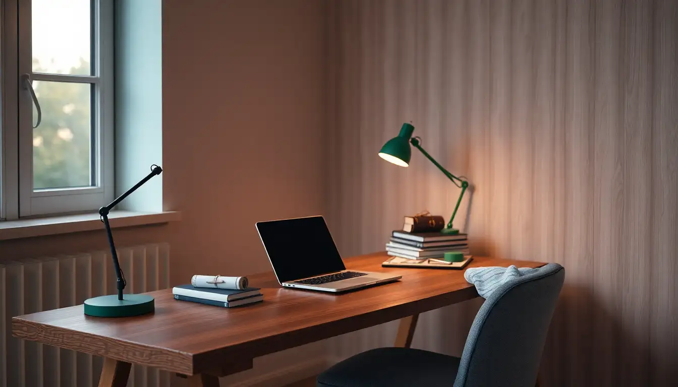 Writers Desk Study Nook Study desk with journals and a laptop in a dark academia bedroom nook