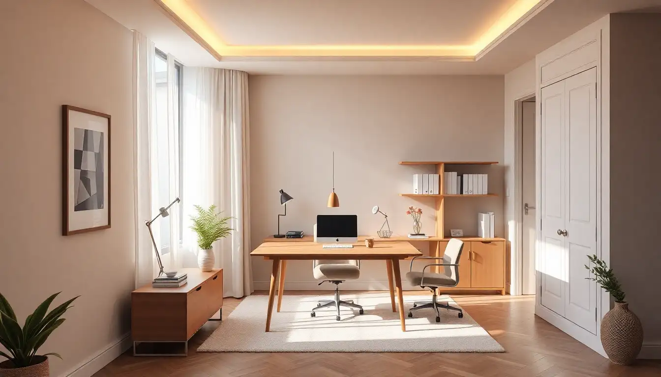 Stylish beige workspace with wooden desk