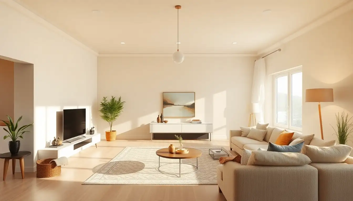 Sunlit beige living room with open layout
