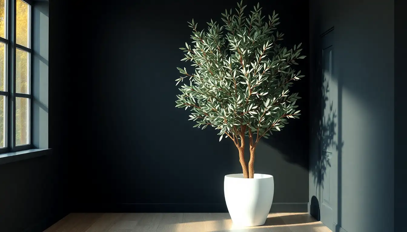 Greenery in Dark Spaces Tall faux olive tree in a dark corner for black room aesthetic interest