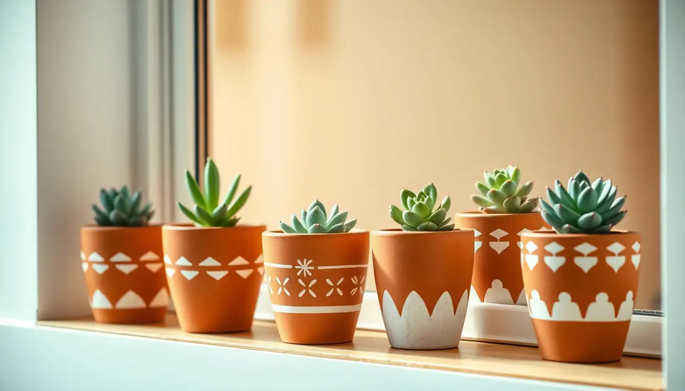 Terracotta plant pots with white painted designs sitting in the sun.