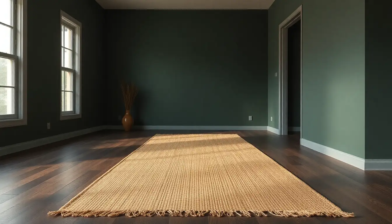 Textured jute runner rug on wood floor with green walls.