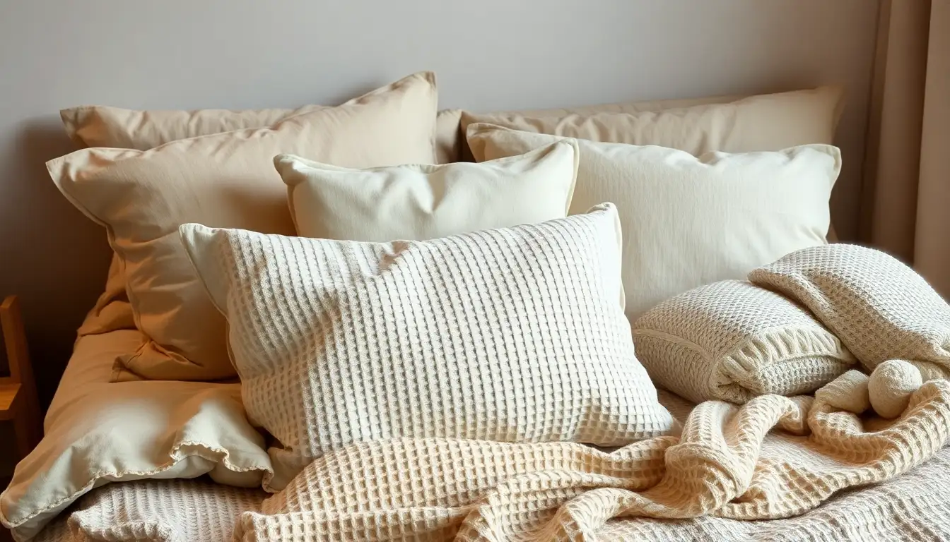 Textured linen and waffle weave pillows on a soft bed.