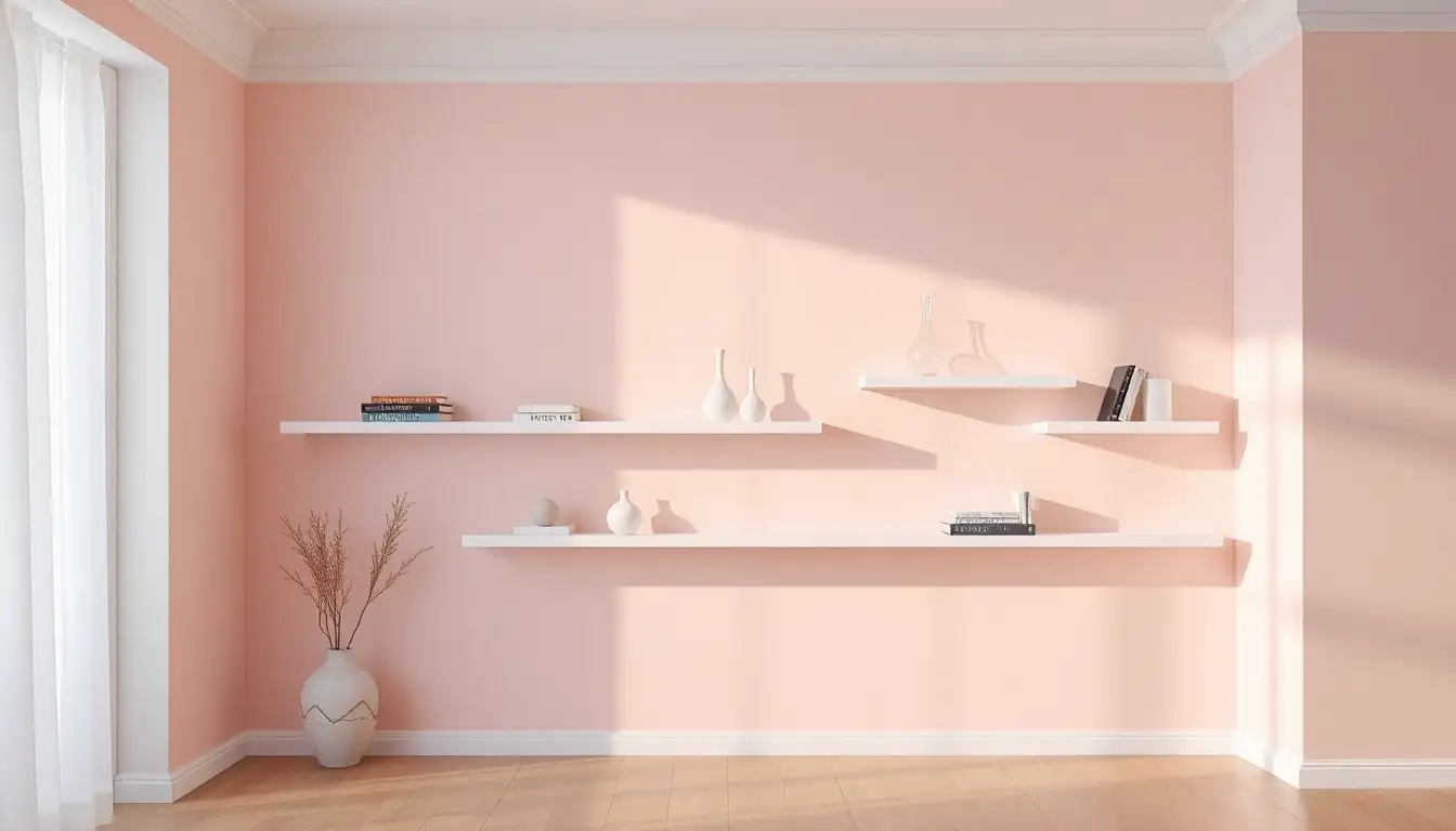White Minimalist Floating Shelves Three white floating shelves on a pink wall holding small decor items