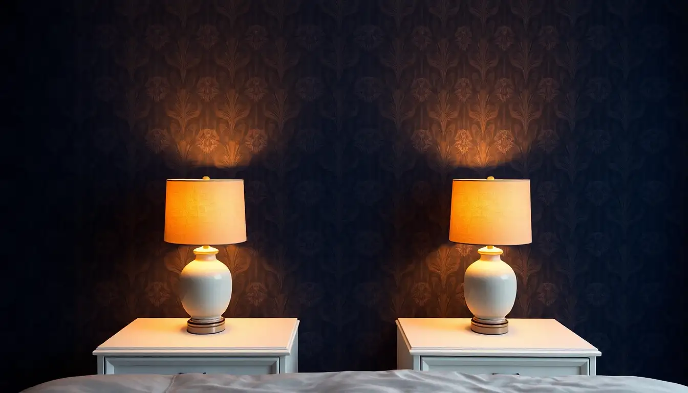Two matching ceramic lamps on white nightstands in a preppy room.