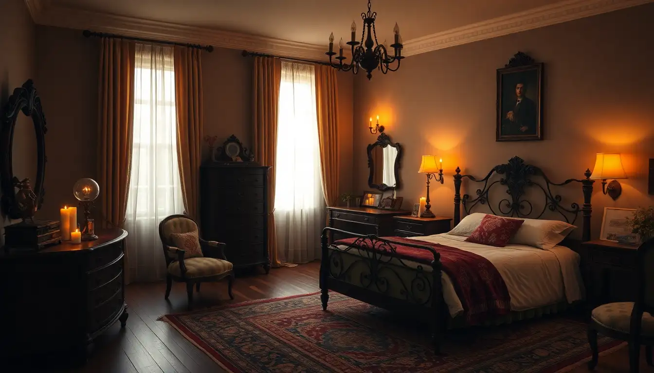 Vintage Antique Vibes Vintage dark bedroom with antique furniture