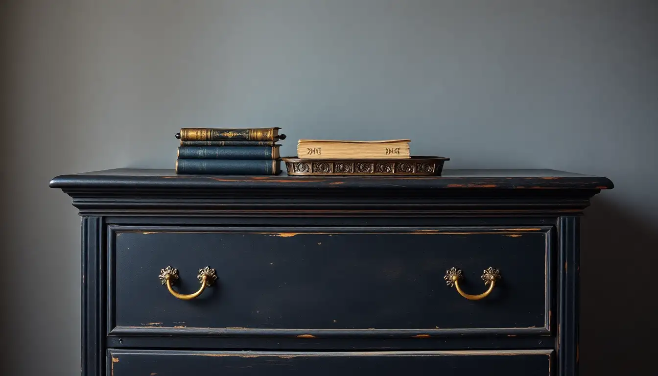 Vintage distressed wood dresser with antique books