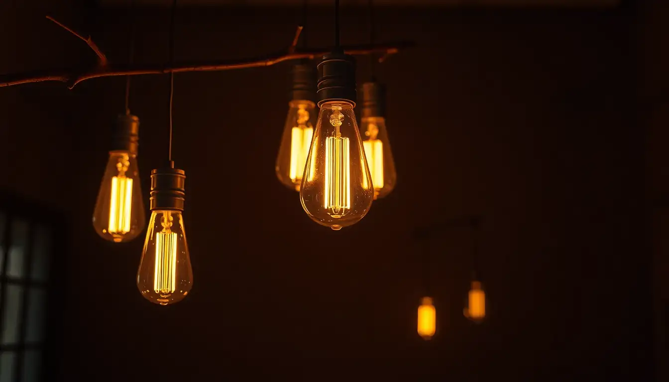 Vintage Edison bulbs hanging from a natural wood branch as a light fixture.