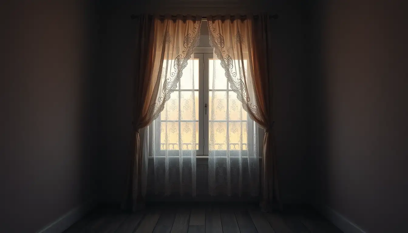 Vintage lace curtains in a dark moody bedroom with wooden floors