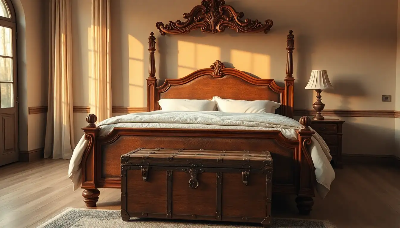 Vintage Furniture Bedroom Layout Vintage wood bed frame with layered bedding in a dark academia room layout