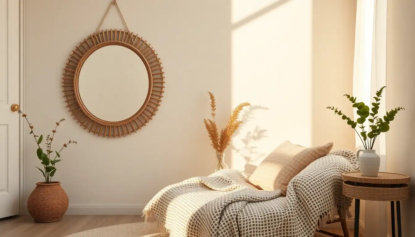 Waffle throw blanket draped over a chair next to a rattan mirror