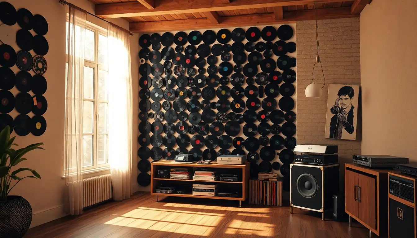 Wall collage made of black vinyl records in a modern grunge room