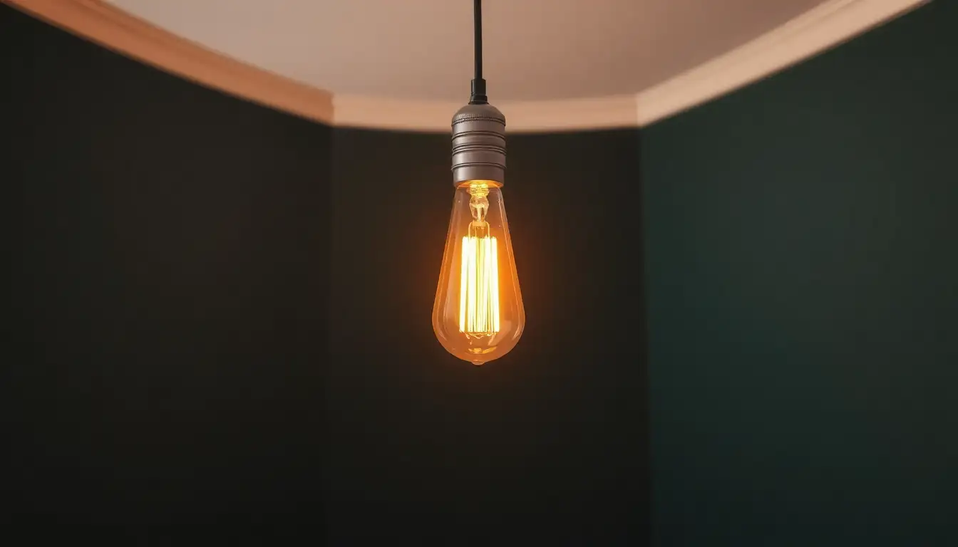Warm Edison bulb light against a matte dark green wall.