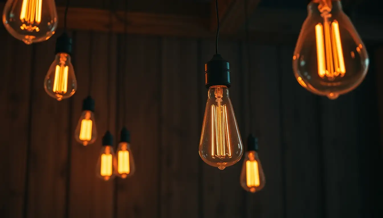Warm edison bulbs glowing in a dark room.
