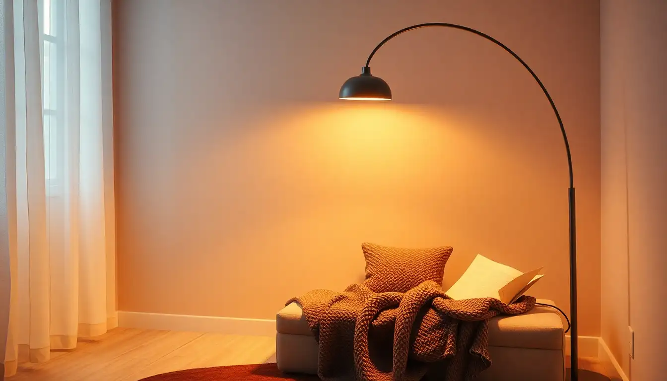 Cozy Reading Nook Lighting Warm glow from an arc lamp over a cozy brown reading chair