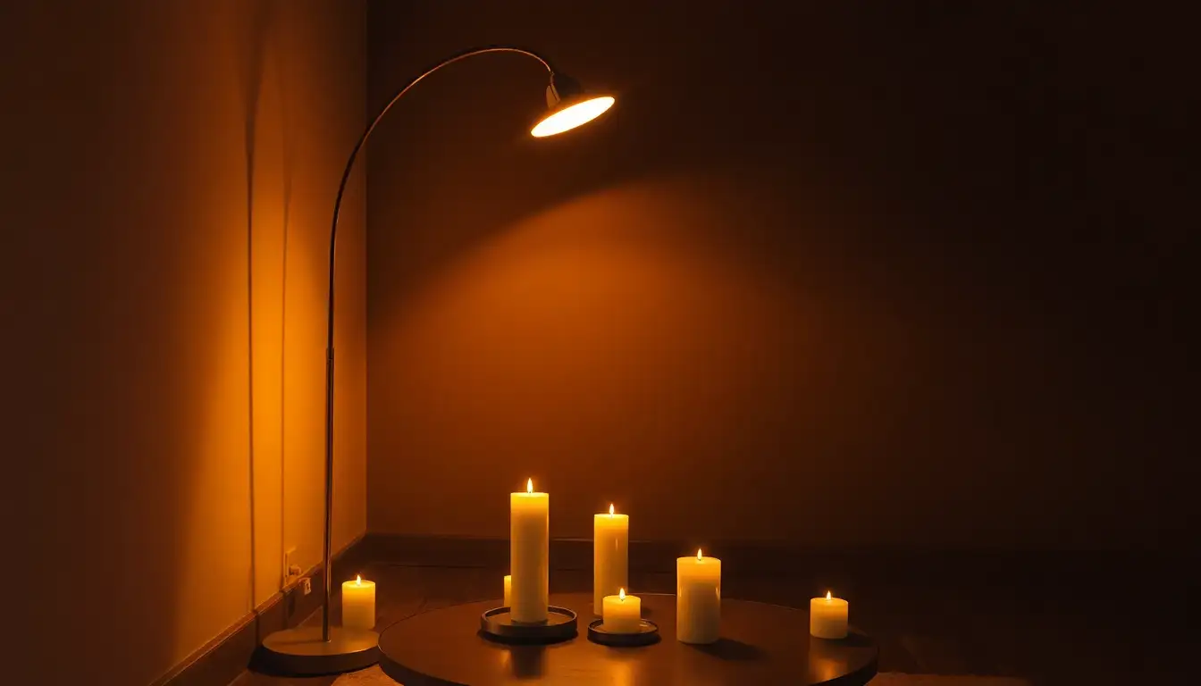 Warm lamp and candles lighting a dark corner