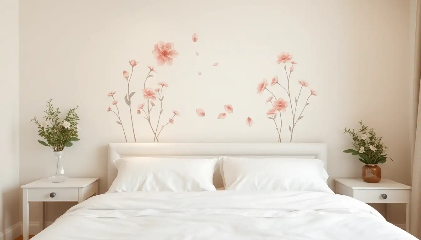 Watercolor floral wall decals on a bedroom wall.