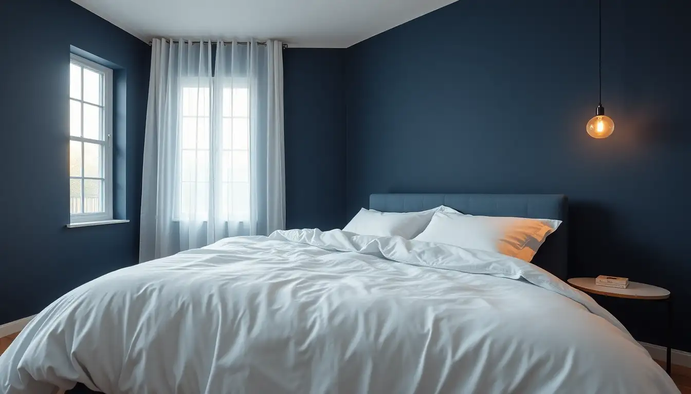 White bed sheets against dark navy walls.