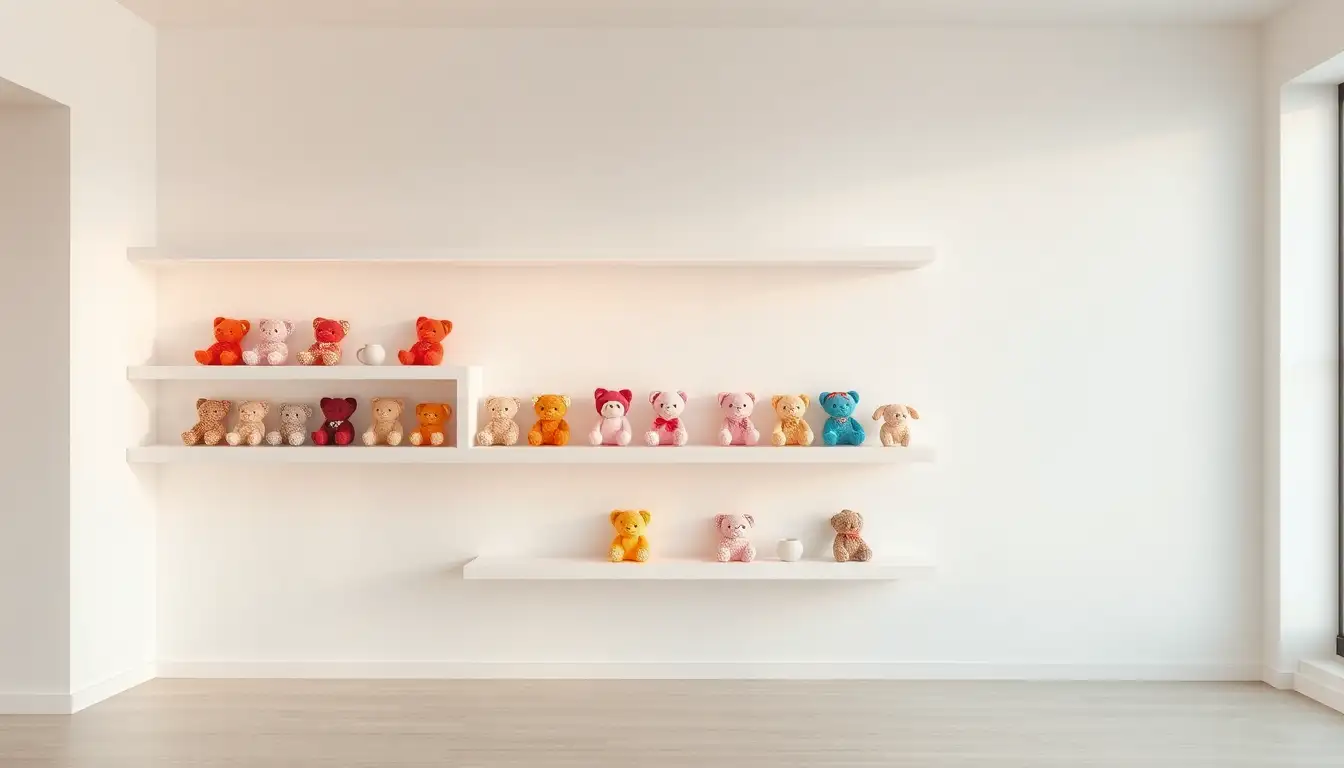 White floating shelves holding colorful plush toys and small vases.