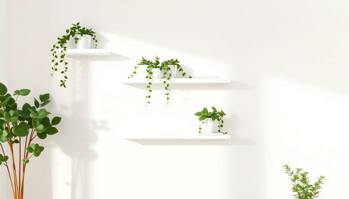 White floating shelves with ivy plants and minimalist decor items.