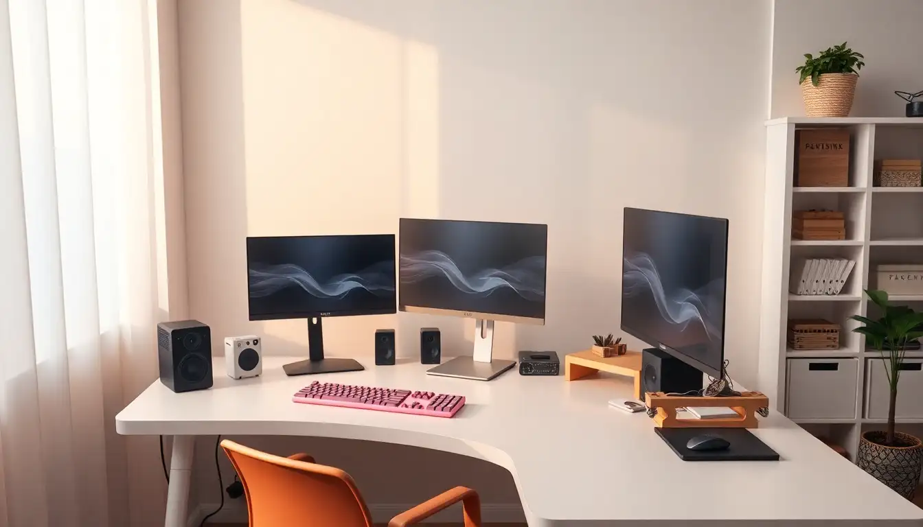 White gaming desk with a pink keyboard and wooden monitor stand.