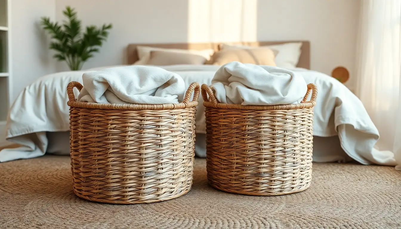 Woven baskets holding blankets at the end of a bed.