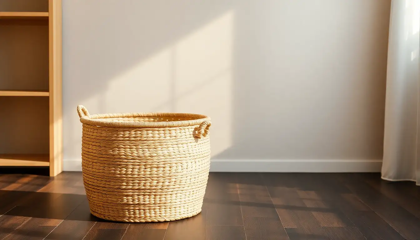 Woven baskets on a dark floor.