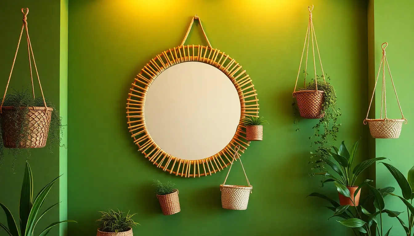 Woven rattan mirror on a green wall with hanging plants
