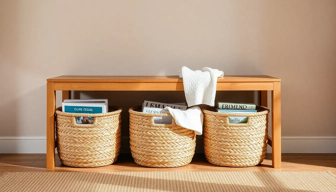 Woven seagrass baskets stored under a bench in a clean room.