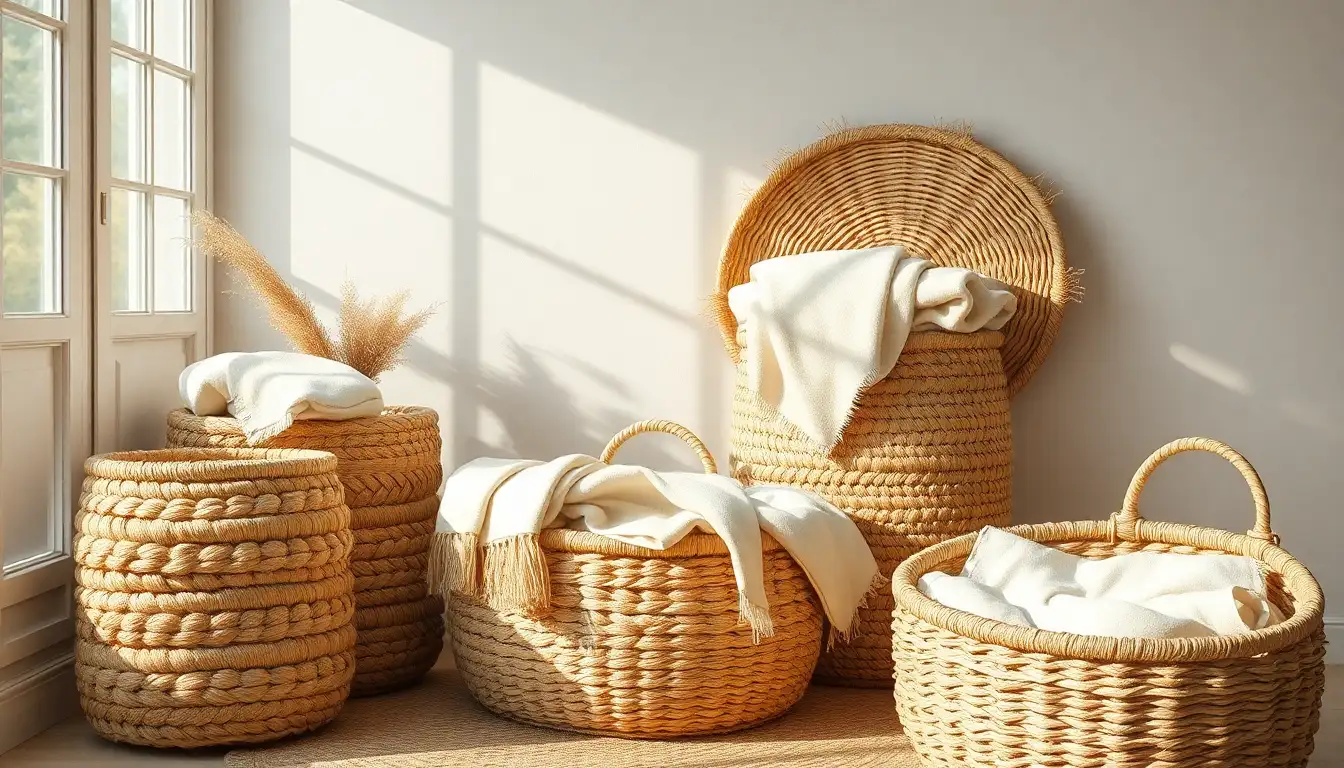 Woven seagrass baskets used for storing soft blankets and pillows.
